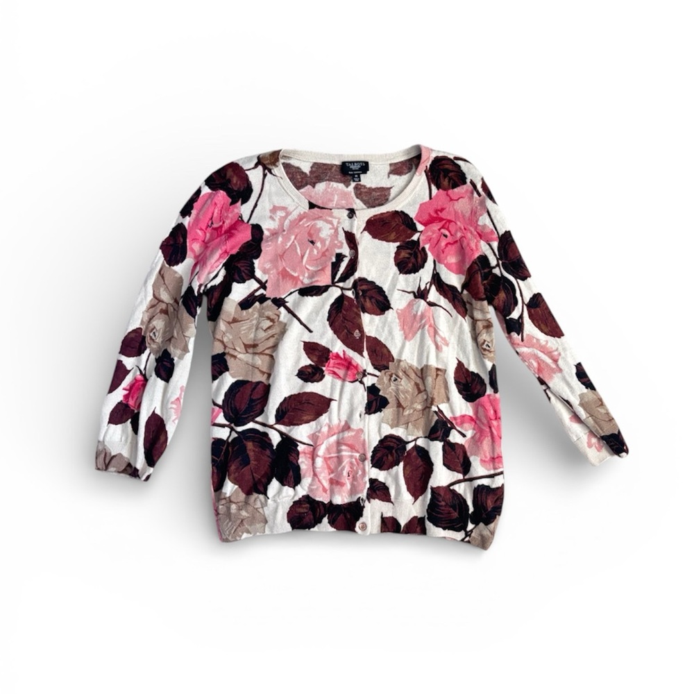 Talbots Floral 100% Cashmere Rose Print Button Front Cardigan Sweater